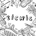 Rectangular frame with picnic, summer eating out, gardening and barbecue objects. Outline vector sketch illustration